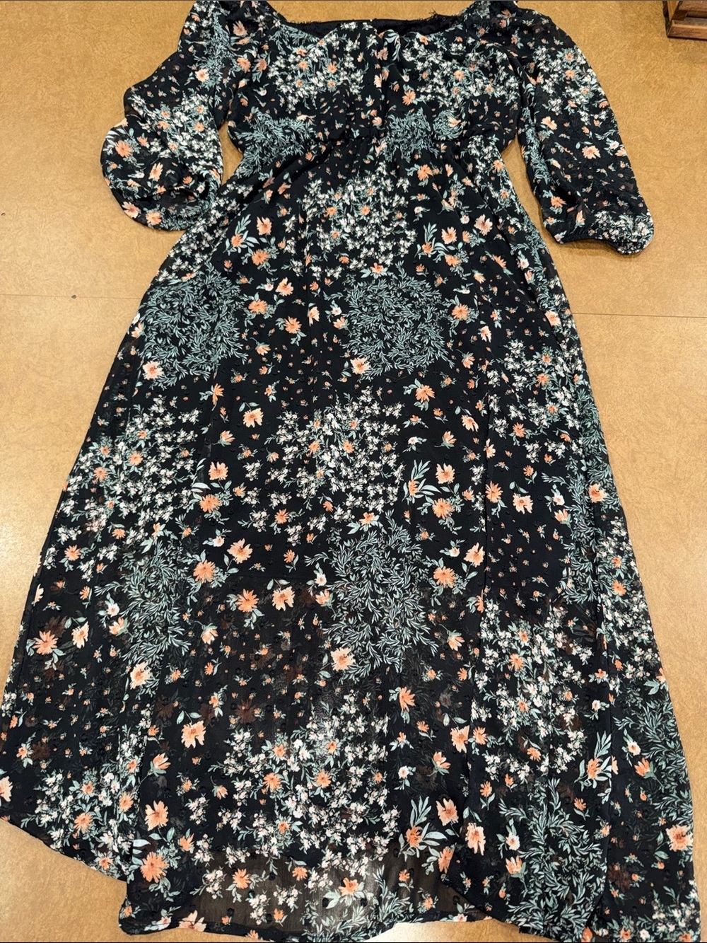 Lush Black Floral Flowy Maxi Dress with Peach and Mint Accents lined lightweight